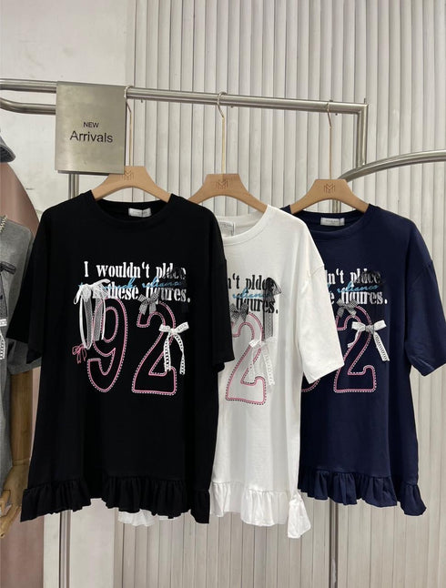 Women Casual Printed Bows Decor Frill Border T-Shirts